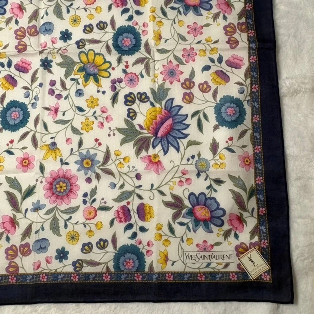 Vtg YVES SAINT LAURENT Scarf Handkerchief Floral Cotton Navy Blue 18.5